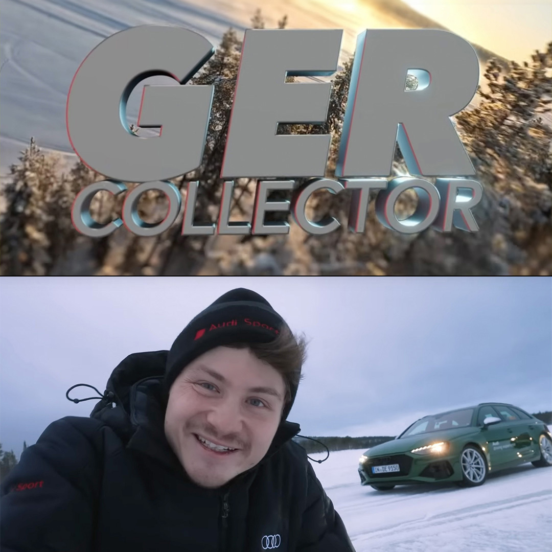 Oben im Bild: GERcollector, Recht im Bild: Youtuber Felix von der Laden steht vor einem dunkelgrünen Audi Modell im Schnee bei der Audi ice experience in Finnland, 